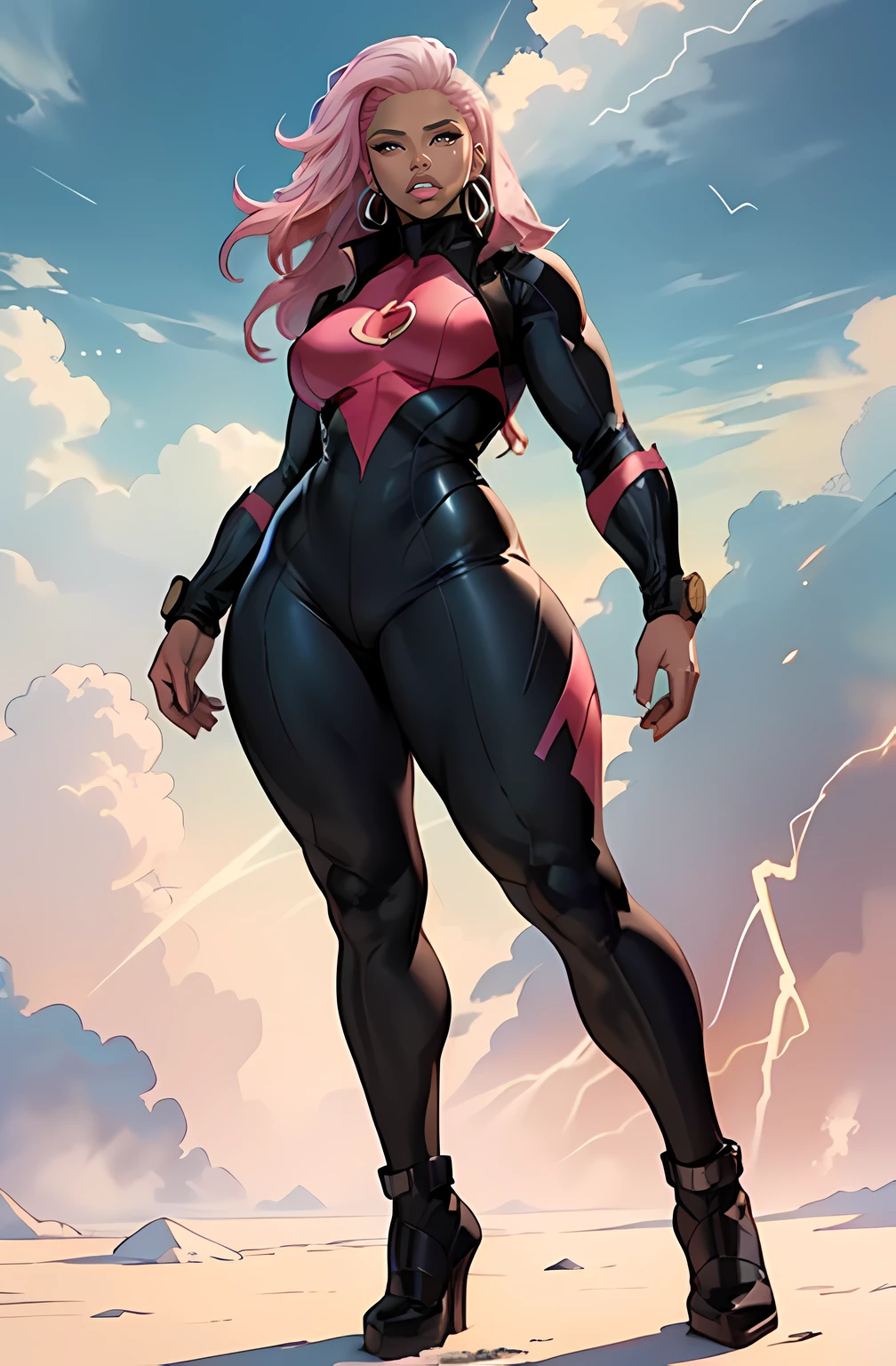 (best quality,4k,8k,highres,masterpiece:1.2),ultra-detailed,grey background,solo,1 girl,white and gold bodysuit,very long hair,pink hair,angry,brown eyes,earrings,hanging breasts,thick thighs,full body,dark skin,storm from x-men