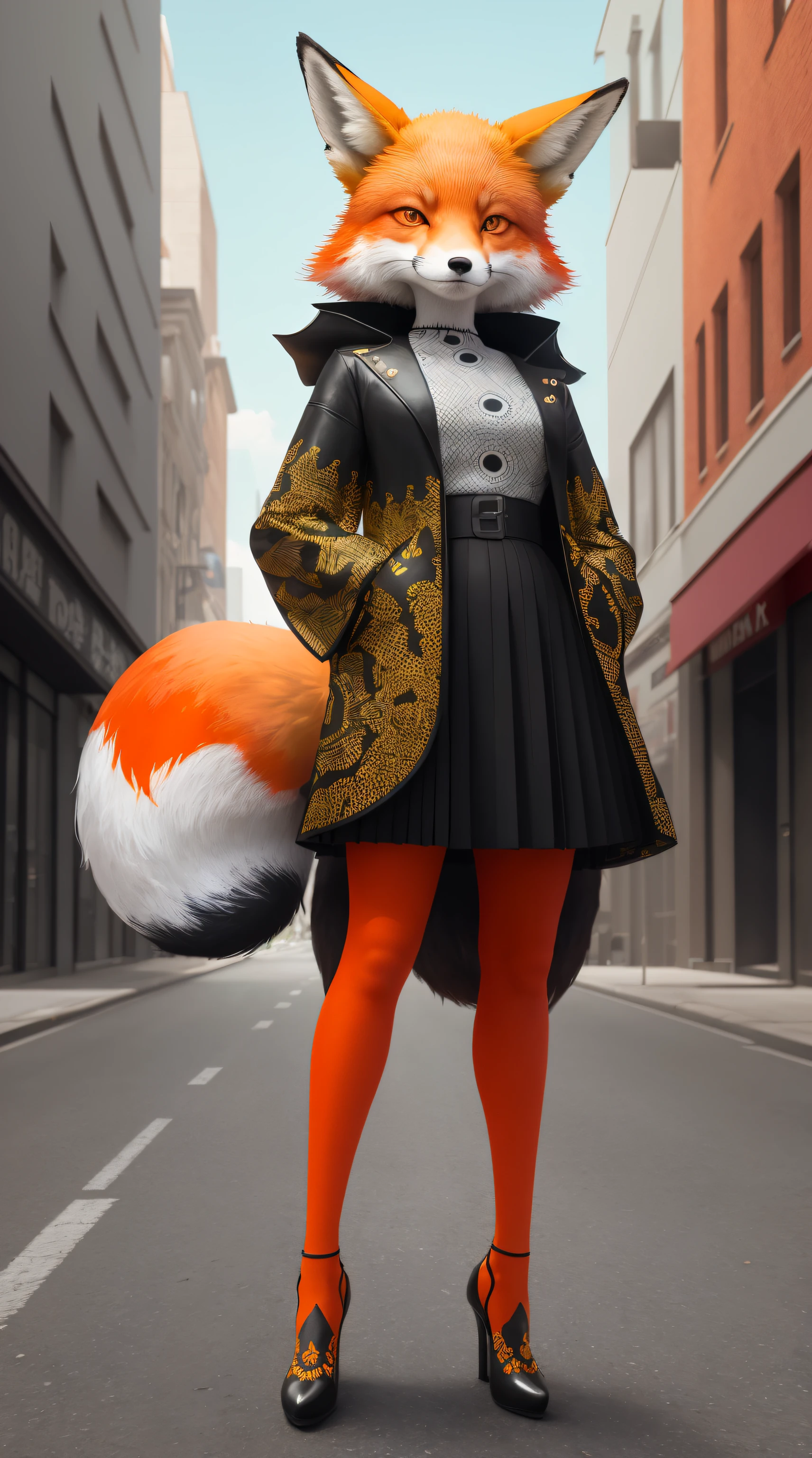 1 beautiful fox anthropomorphized, (Colorful fashion heels),Stand in the middle of an empty city, concept-art, trending on artstationh, Hyperrealistic, Vivid colors, rim-light, Extremely detailed Cg Unity 8K wallpaper, trending on artstationh, (Yayoi Kusama's pop art style), Intricate, High detail