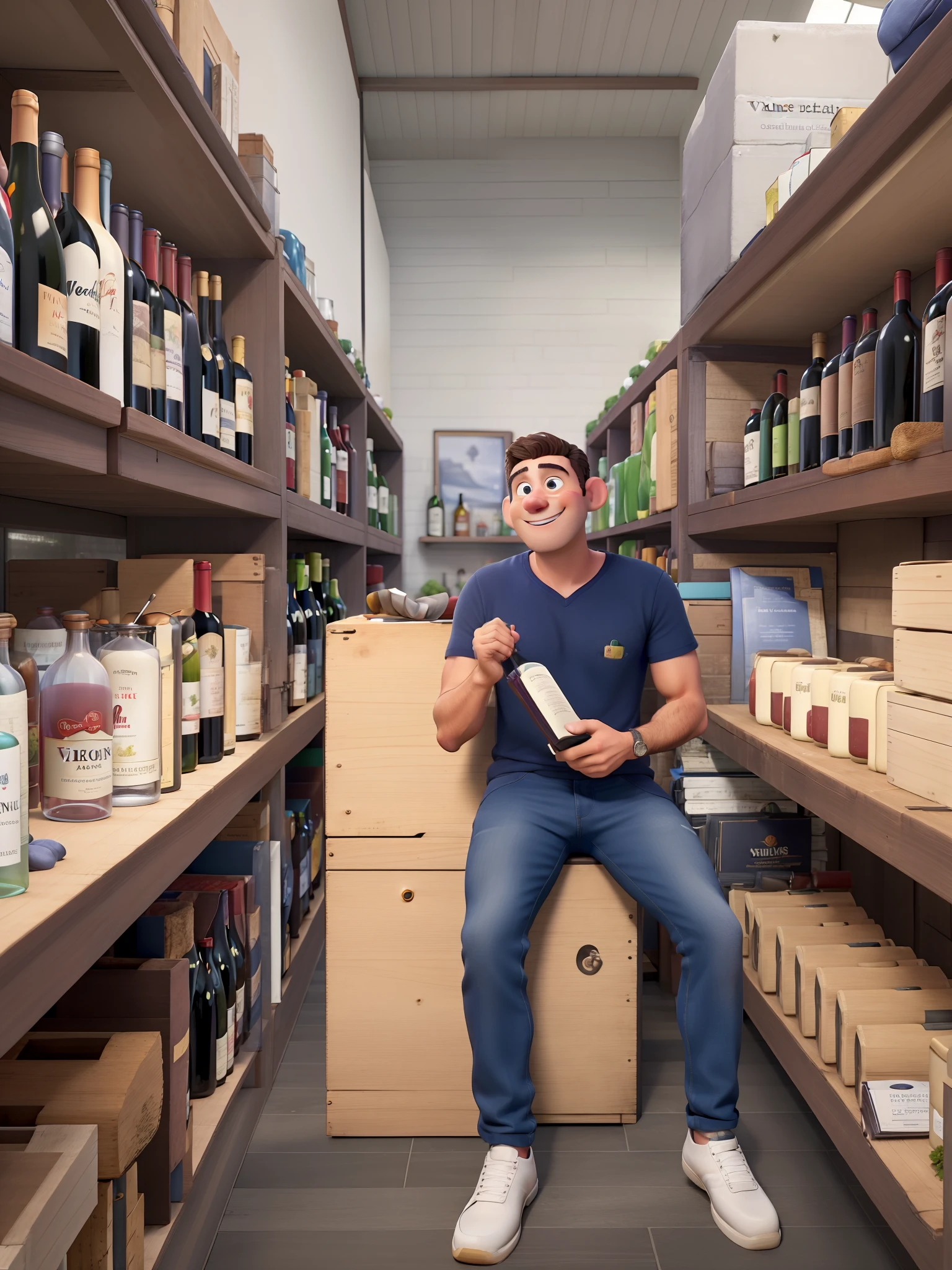 A man on a wine website reads in the background "VINHOBR", em estilo pixar, alta qualidade, melhor qualidade