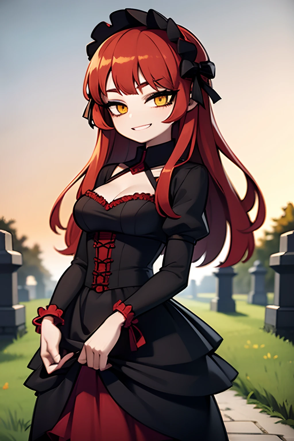 young girl, red hair, wearing a vitorian black gothic ta, dress, smilingm, in a cemetery, cercated to mannequins, inexpressive face, bored face, great eyes, yellow eyes, night, dark, 4k