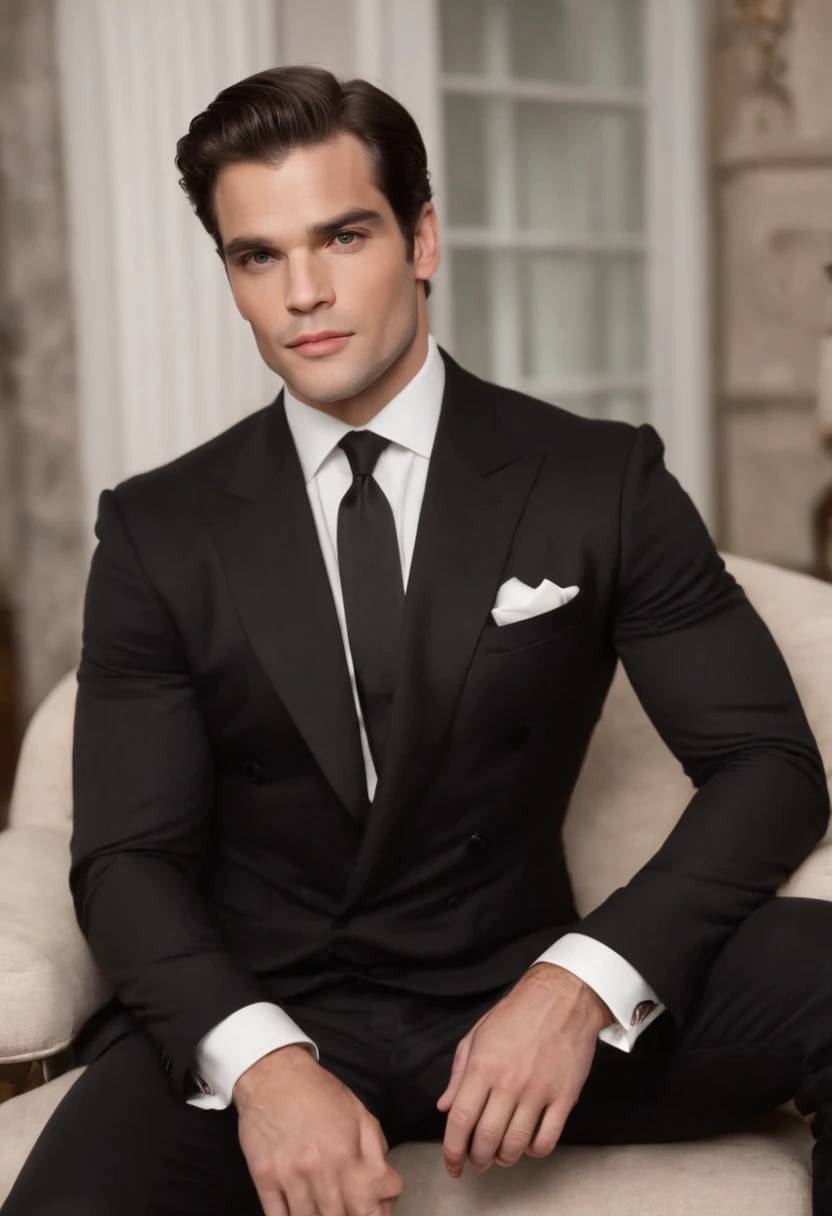 A young man,louro, olhos azuis, Handsome,muito musculoso,corpo peludo,meia branca,Ultra-thin pantyhose(Olhos detalhados:1.3),Topless nu,Nudez em todos os lugares,olhos negros,massive bulge,Protruding black hair from bulge,Esbian de corpo inteiro,Character sitting in a chair with arms raised, Cabelos escuros (neck-length hair tied in a ponytail,), nice pose, homem bonito, cara bonita, Pose elegante real, Businessman, (em um blazer listrado), (The surrounding environment is a luxurious and classic living room) (Imagens de tom de areia) Henry Cavill face doppelganger, Filip Lamprecht face lookalike, ultra realistic, Prince of royalty looking, Old Money Aesthetics, Swedish appearance, terno elegante, Rolex, Classic car in the background, Appearance of royalty, vestindo terno Ralph Lauren