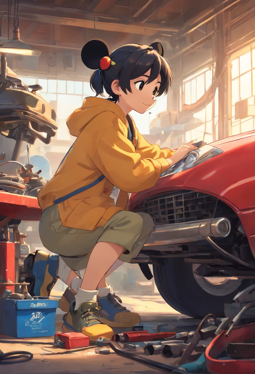 "A masterpiece illustration of Mickey Mouse as a skilled mechanic repairing a car, Featuring perfect body proportions and an impeccably detailed head, in high definition."