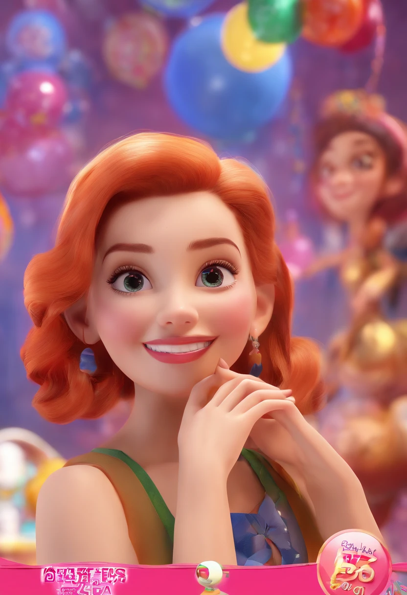 "(best quality,ultra-detalhado,Realistic:1.37),3D rendering,illustration,design de personagens,cabelos longos e cacheados escuros,belos olhos detalhado Estilo Pixar,morena mulher,Dancing on the Disney stage,atmosfera animada,vivid colors,luzes de palco,expression joyful"