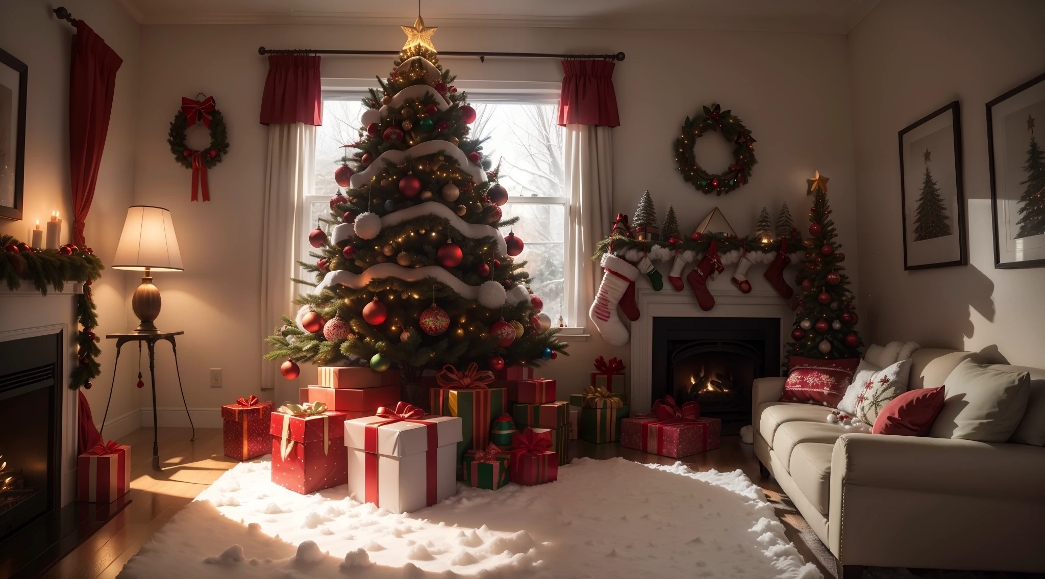 best qualtiy，16k，8K，True exposure，Ray traching，Excellent image quality，Christmas，Christmas atmosphere，A real Christmas tree，pompon，bell，Luminous colored light bar，inside in room，Chilling，Santa Claus hat，Christmas decorations are hung on the wall，snowflower