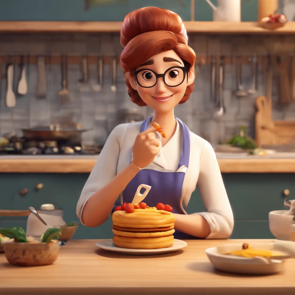 Crie uma cena de desenho animado estilo 3d -Pixar, Onde uma mulher, de cabelos lisos castanhos com 35 anos de idade, She's cooking dressed as a pastry chef.