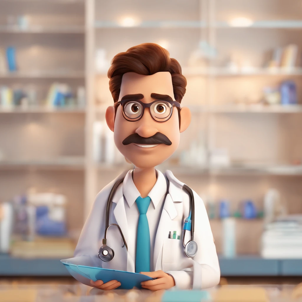 Cartoon character of a man wearing black glasses and a blue shirt, um personagem animado, Caractere estilizado, animation style rendering, 3D estilizado, Arnold Maya render, 3 d render stylized, toon render keyshot, Personagem 3D, Personagem 3D, 3d rendering stylized, 3 d character render, personagem de desenho animado, Personagem de close up, Pose de personagem, (Estilo Pixar) (master part:1.2) (Bokeh) (best quality) (pele detalhada) (textura detalhada) (8k) (argila) (Cinematic lighting) (foco nítido，Sits and empties upper body in an ENT doctor's office with a beard and mustache