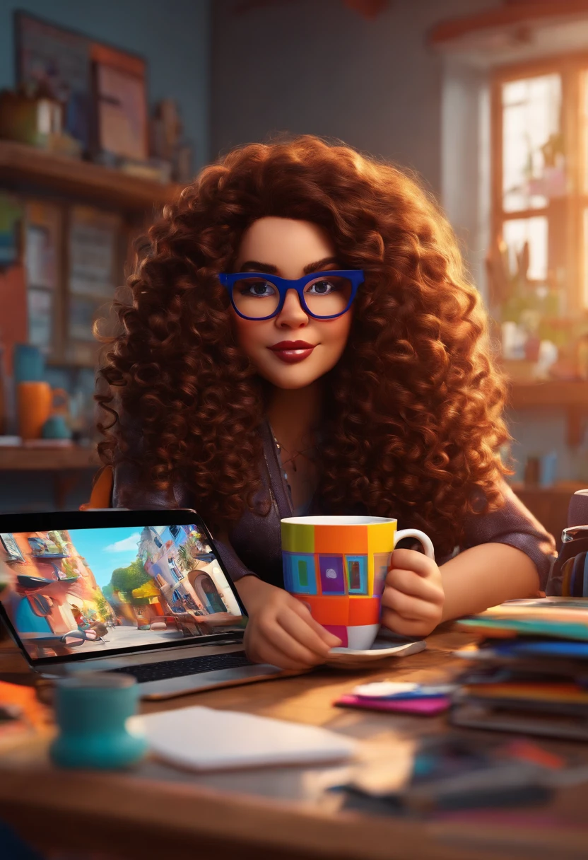 I want 3D PIXAR style with plus size woman Long haired brown and black curly in square glasses holding a mug in her graphic design studio with notebook and printer, and table, flashy colors