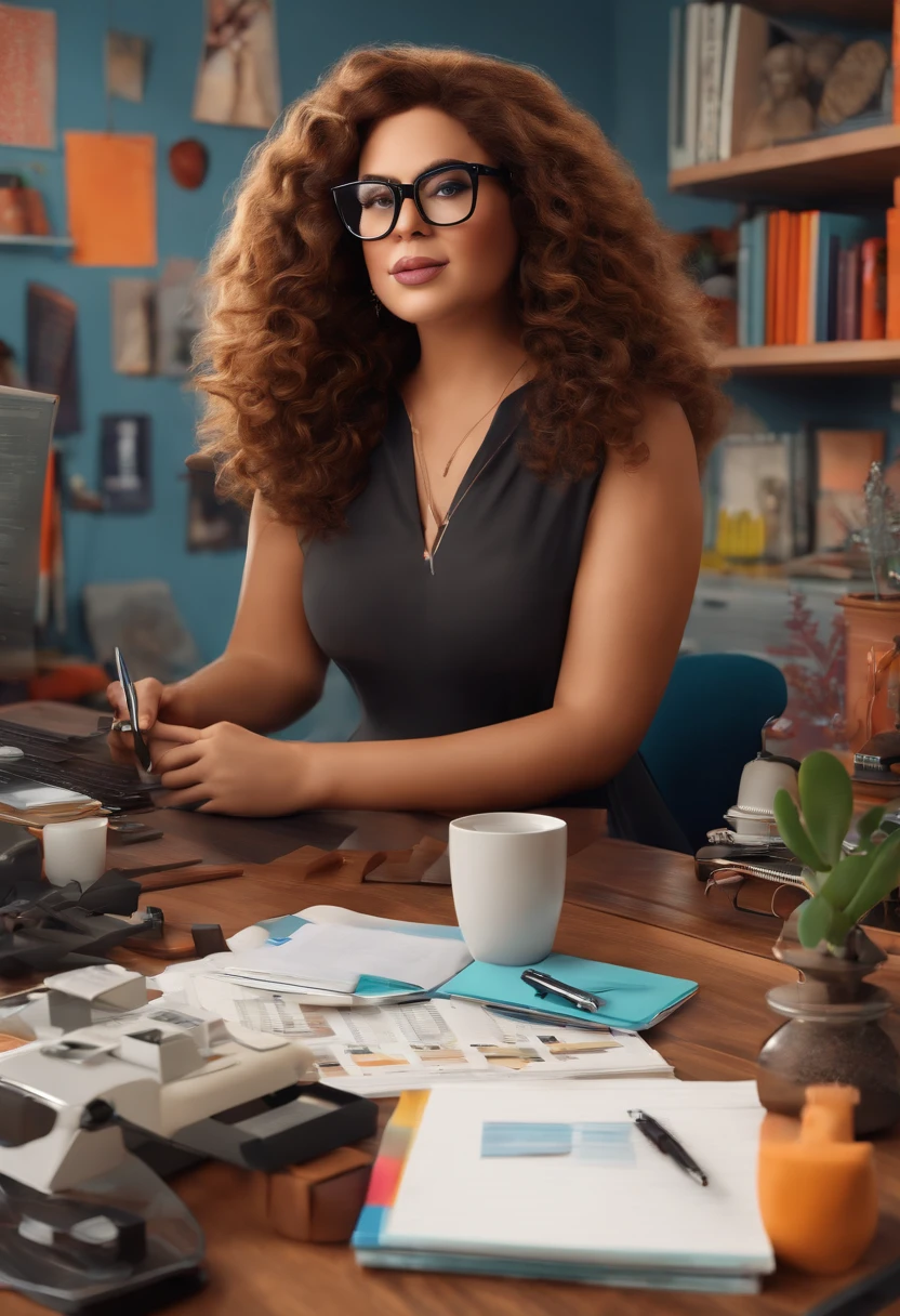 I want 3D PIXAR style with plus size woman Long haired brown and black curly in square glasses holding a mug in her graphic design studio with notebook and printer, and table, flashy colors