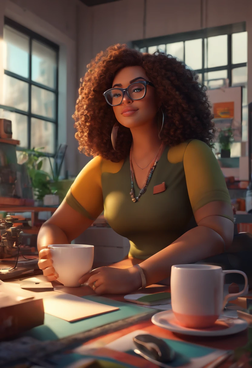 I want 3D PIXAR style with plus size woman Long haired brown and black curly in square glasses holding a mug in her graphic design studio with notebook and printer, and table, flashy colors