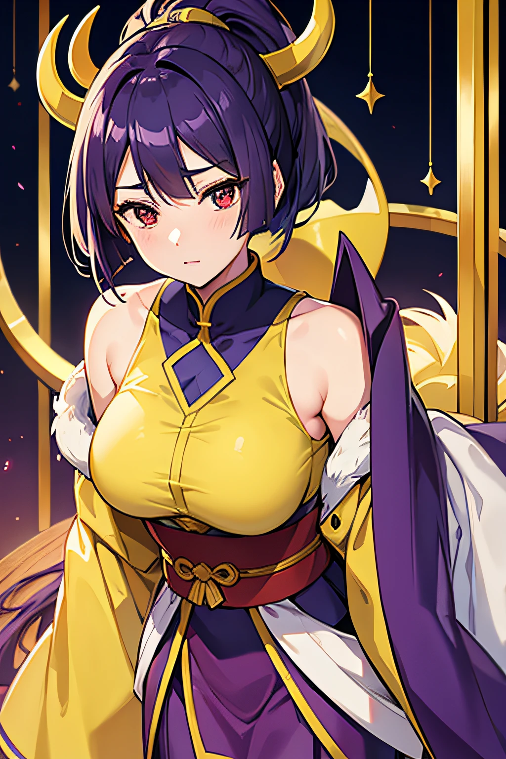 Raikou Cosplay、A pokémon、Beautiful adult woman、hight resolution、top-quality、Delicate hair、White and purple hair、Yellow clothes、Red Eyes、Medium Hair、tusk