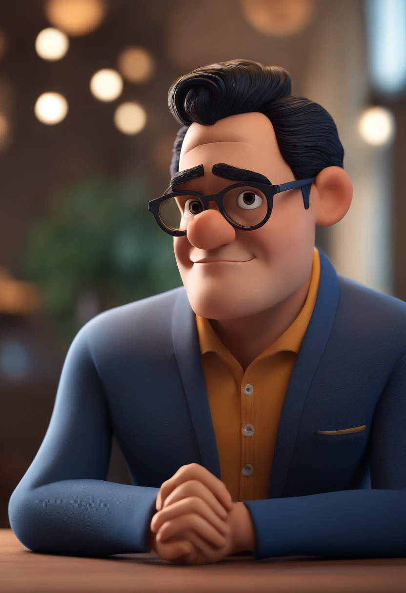 Cartoon character of a man with black glasses and a blue shirt, animation character, Caractere estilizado, animation style rendering, 3D estilizado, Arnold Maya render, 3 d render stylized, toon render keyshot, Personagem 3D, Personagem 3D, 3d rendering stylized, 3 d character render, personagem de desenho animado, Personagem de close up, Pose de personagem,  (Estilo Pixar) (master part:1.2) (Bokeh) (best quality) (pele detalhada) (textura detalhada) (8k) (argila) (Cinematic lighting) (foco nítido