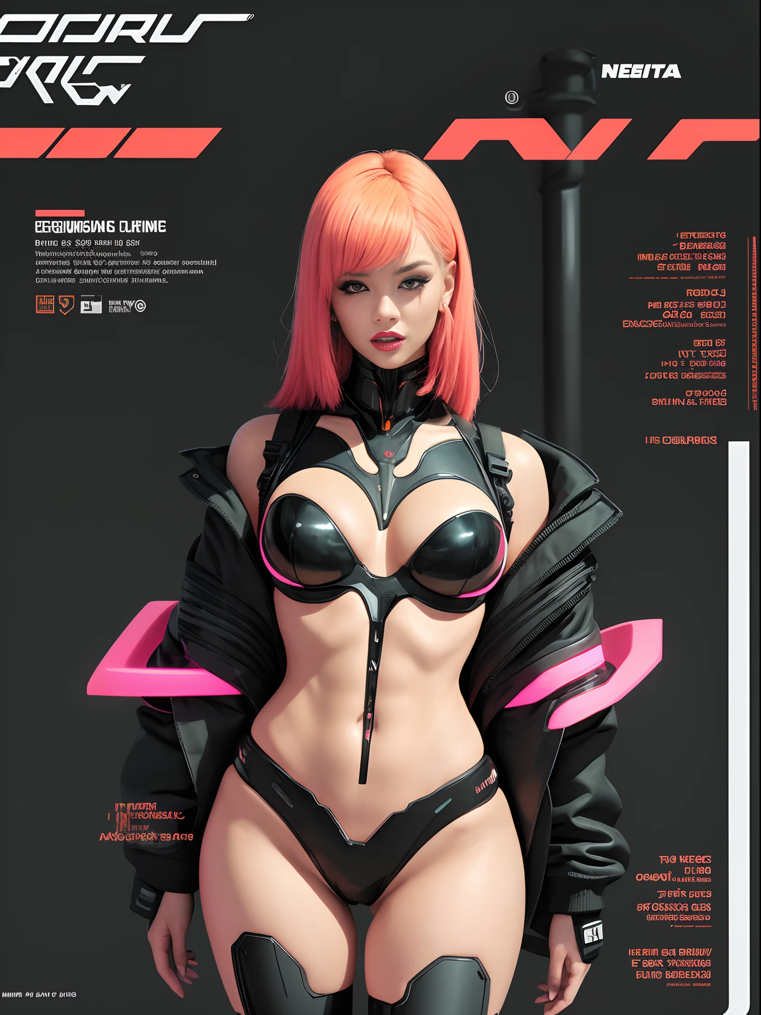 sexy cyborg, magazine cover, poster art , hint of neon vibrant, bold huge text