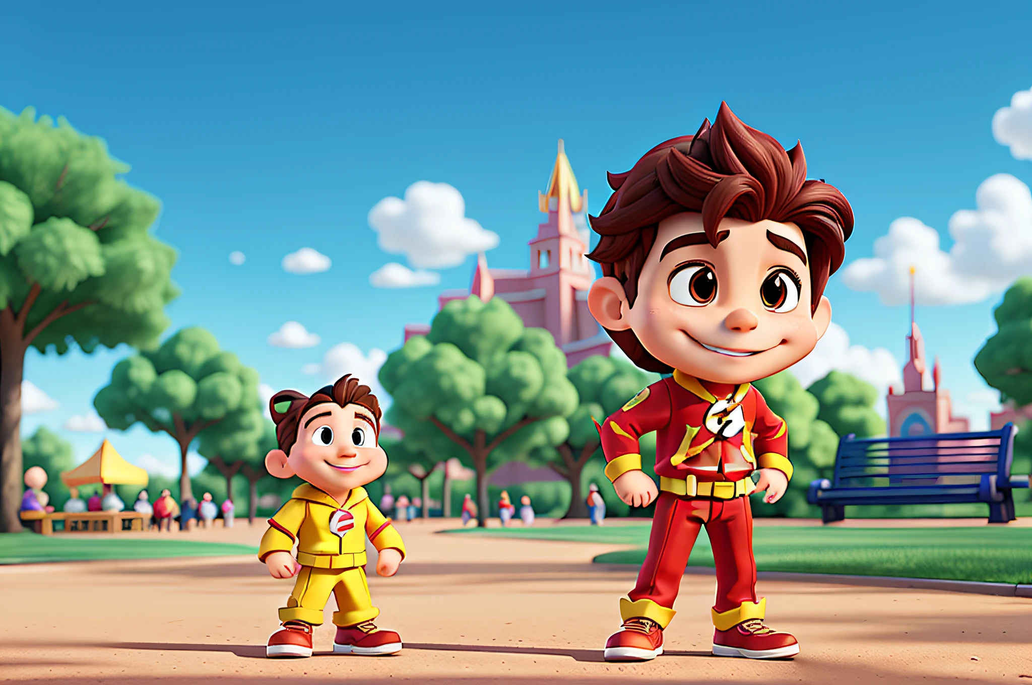 The Flash in the park Disney style, 3d animation, cute