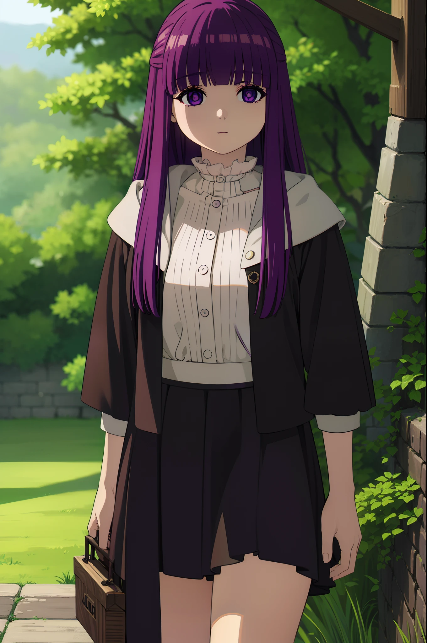fern, long hair, bangs, (purple eyes:1.1), purple hair, mini skirt, thigh, outdoor, looking at viewer, cowboy shot, (masterpiece:1.2), best quality, high resolution, unity 8k wallpaper, (illustration:0.8), (beautiful detailed eyes:1.6), extremely detailed face, perfect lighting, extremely detailed CG, (perfect anatomy)