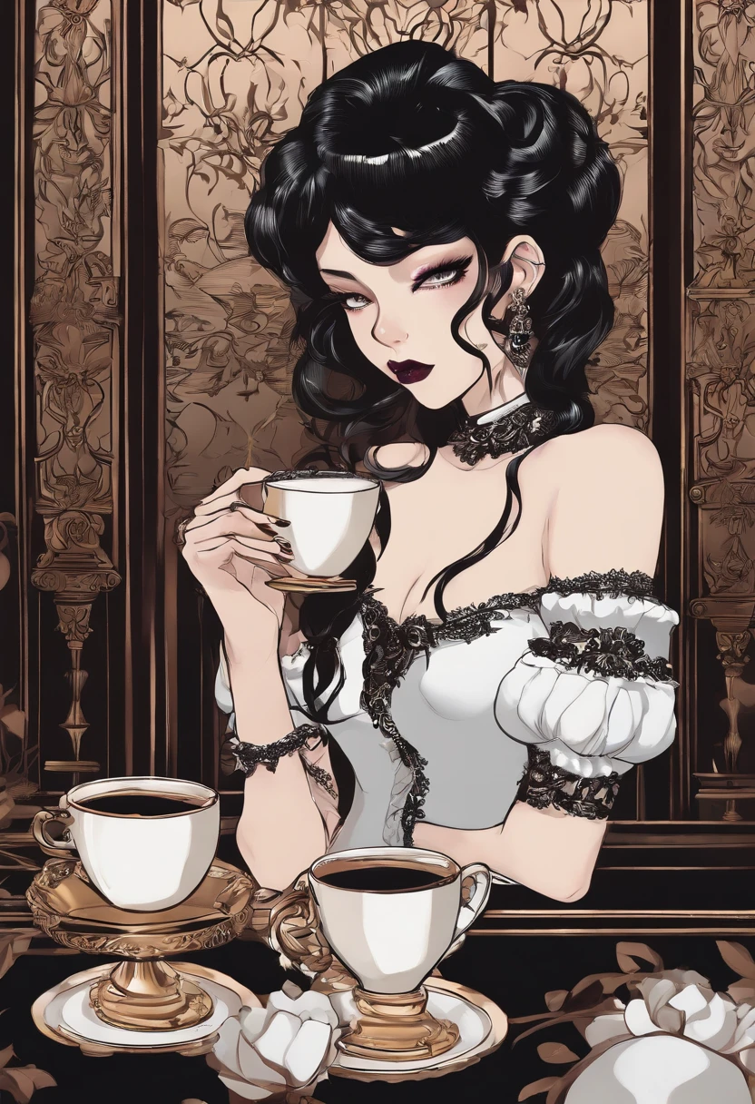 Anime style, goth, sassy, nude, coffee, dominatrix