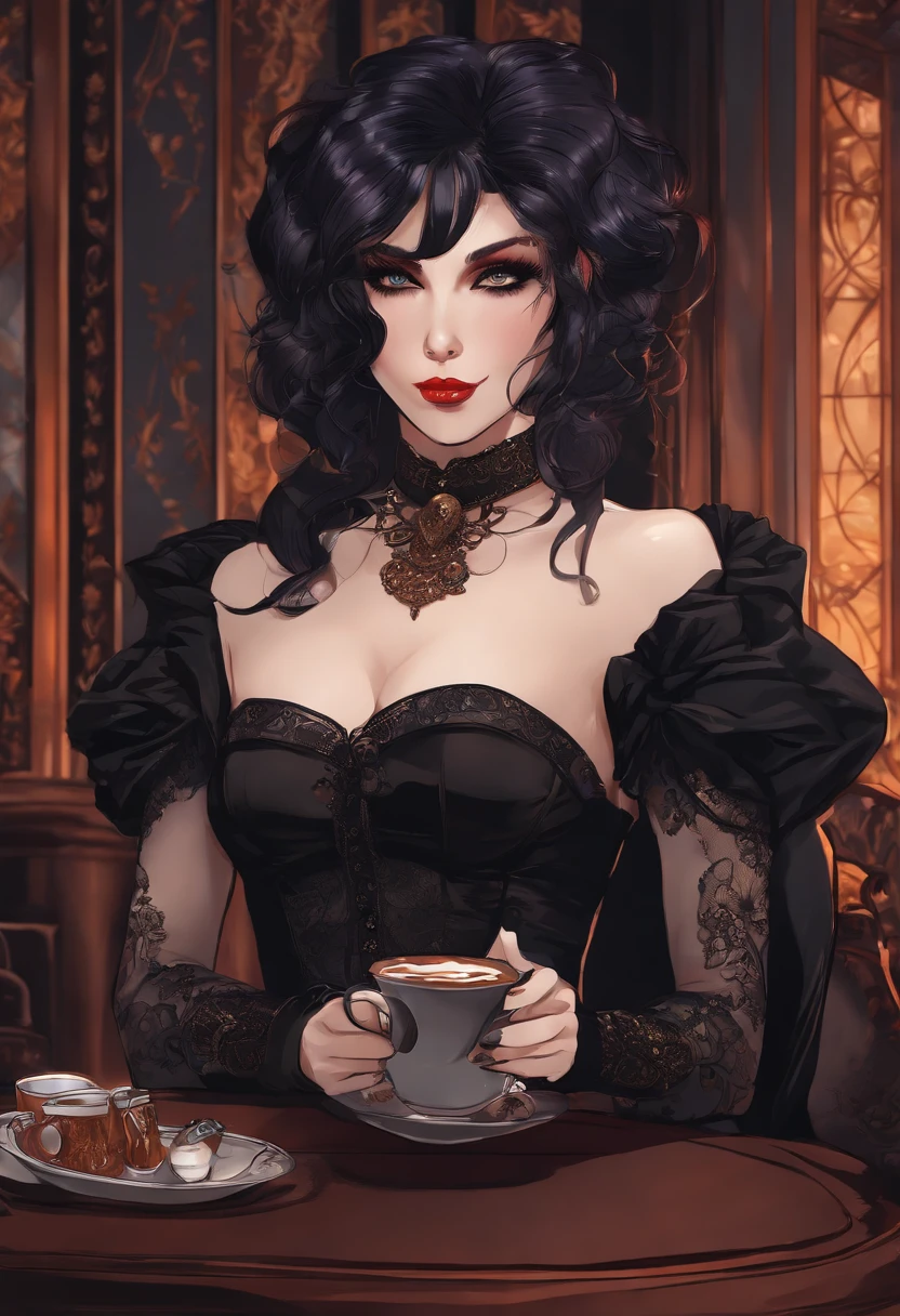 Anime style, goth, sassy, busty, naked with exposed tits, coffee, dominatrix