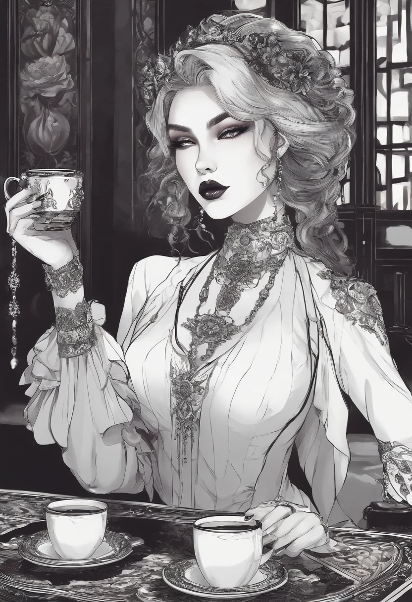 Anime style, goth, sassy, nude, coffee, dominatrix