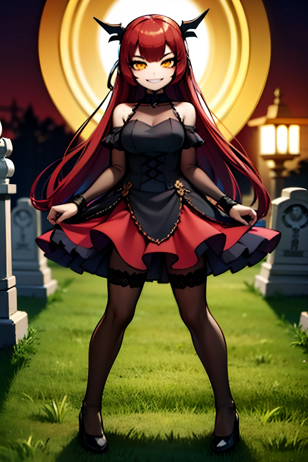 young girl, red hair, wearing a vitorian black gothic ****ta, dress, smilingm, in a cemetery, cercated to mannequins, inexpressive face, bored face, great eyes, yellow eyes, night, dark, 4k, full body,