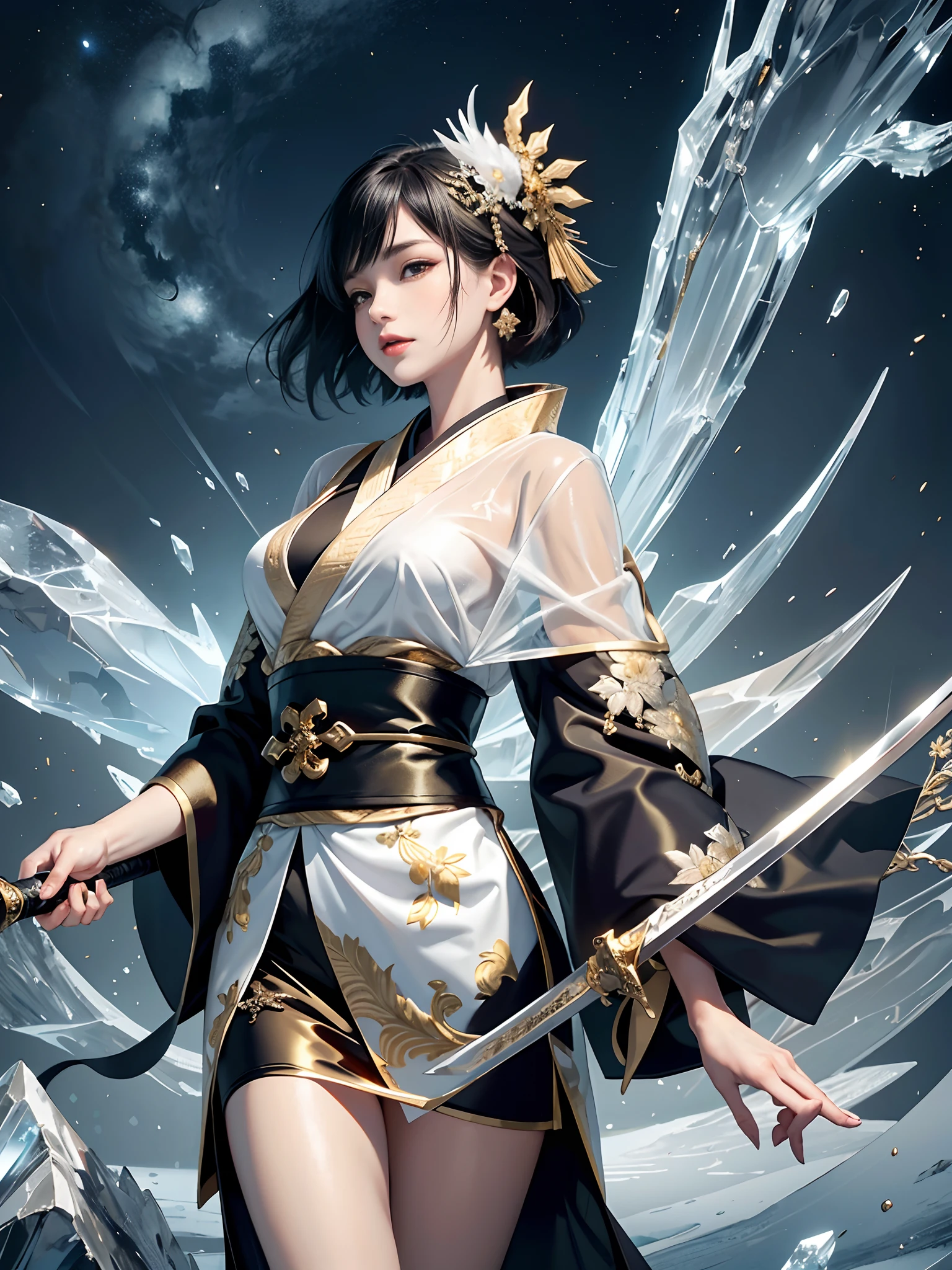 Background of details(Frozen City),BREAK ,elaborate costume(Luxury kimono(Black kimono(detailed embroidery(blanche,golds)))),BREAK,(1 Beautiful and classy adult woman(Shy smile:1.2)(Japanese actressl:1.2)(A dark-haired(short-hair:1.2))),(eye glass:1.2),(Coming out of the ice circle:1.5,(Sword(Covered in ice:1.5))),BREAK,Wallpapers 16K,Blur the background,)(masutepiece,Best Quality,Portrait photos):1.5),full body Esbian