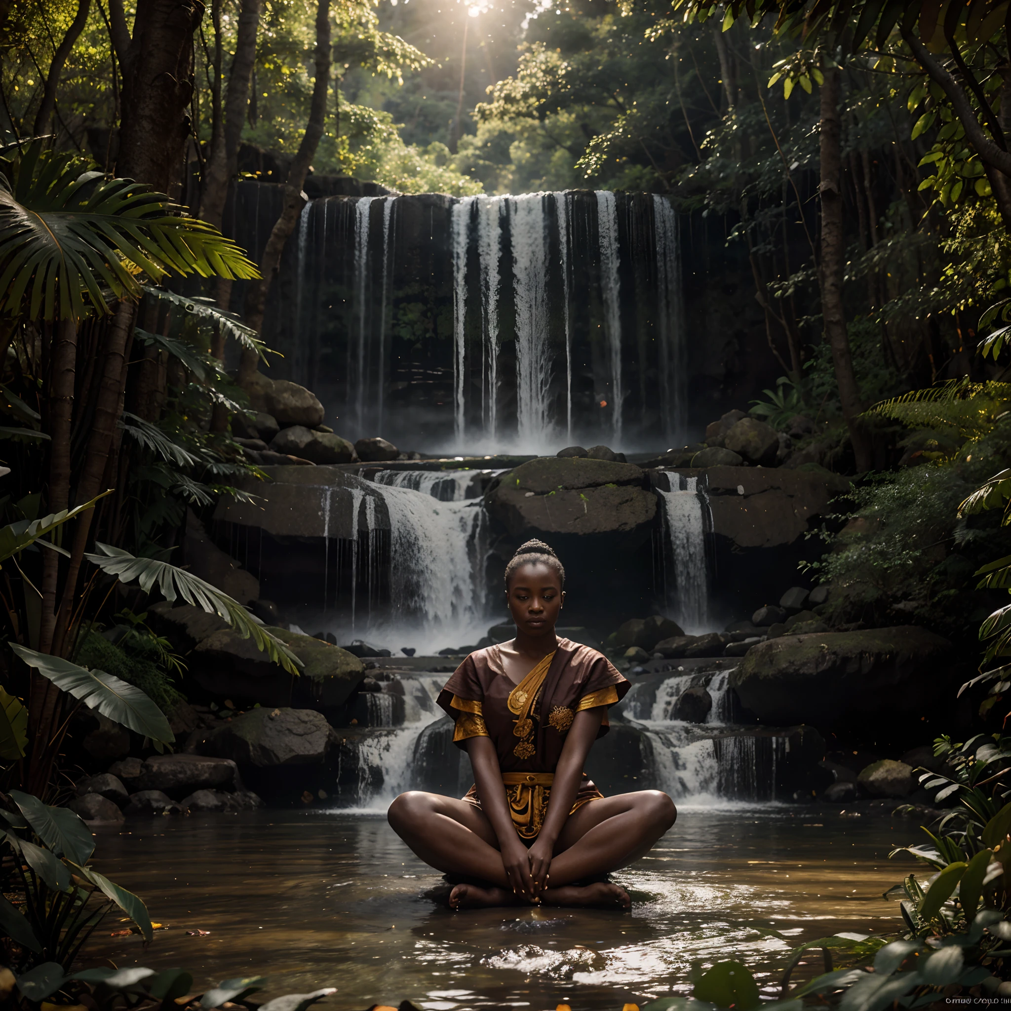 Wide angle shot of an African woman dressed in African designed monk clothes, sitting in a buddha position of meditation, sitting in a forest, with waterfalls in the background, leaves floating in circular rotation around the woman, sunrise in the scene shining, with beautiful iridescent light, artgerm style, 32k, ultra HD, unreal engine rendered, hyper-realistic image, octane 3d rendering,