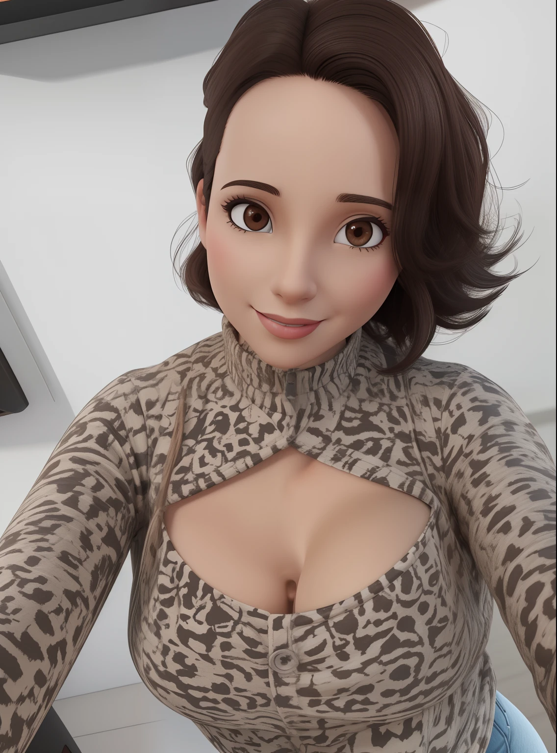 A mother in her mid-30s with short dark brown hair and brown eyes, youthful appearance, usando um grampo de cabelo. 3d cartoon with precise proportions.