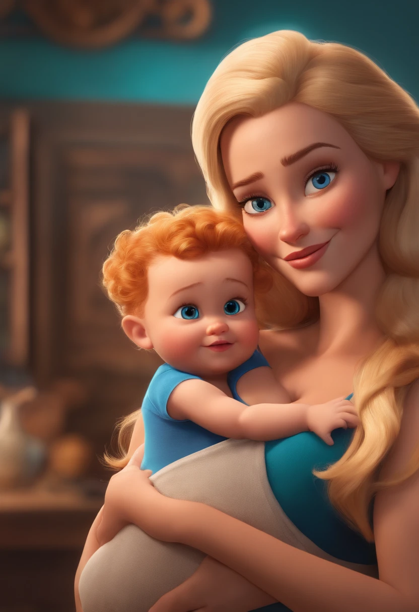 A daddy, mother and a , italian, with blue eyes and blond hair, at the studio disney, estilo Pixar