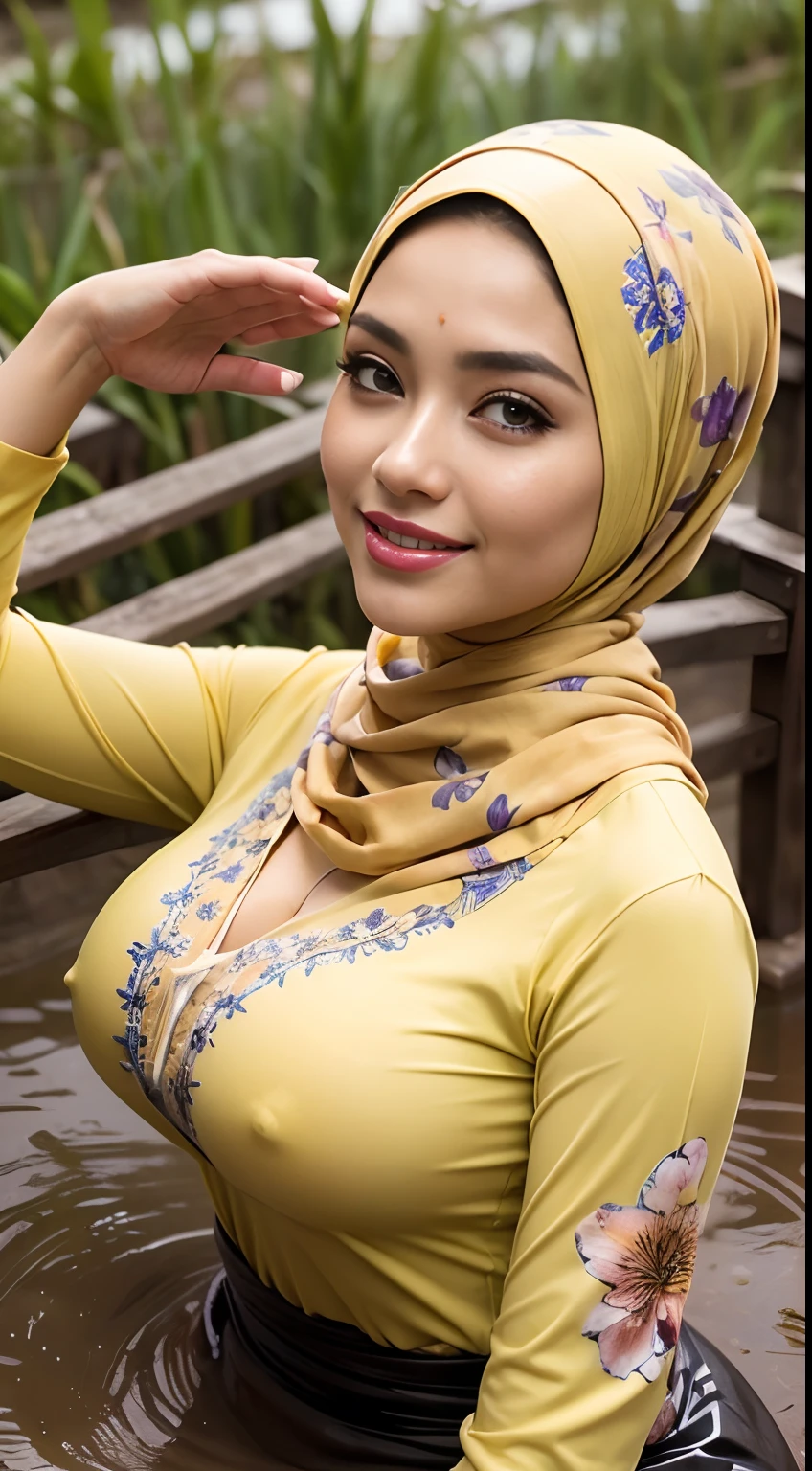 RAW, Best quality, high resolution, Masterpiece: 1.3), Beautiful Malay woman in hijab, Masterpiece, Perfect slim body, perfect make up, Beautiful big eyes, perfect make up, Watery eyes, perfect nose, Soft smile, Wet lips, Big breasts, ((Wearing a thin light yellow pastel Malay shirt that tight floral patterned, batik, covered hijab)),sitting position on muddy rice paddy field, (( spilled mud on full body)),((mud on face)), muddy rice field, rice field background, ,(big boobs)big breasts, , (cleavage),(characters play),looking to camera, smiling,( long black hair),(perfect fingers),(perfect blue eyes),masterpiece collection,seductive random pose,(full body closeup camera view),high resolution, highly detailed,