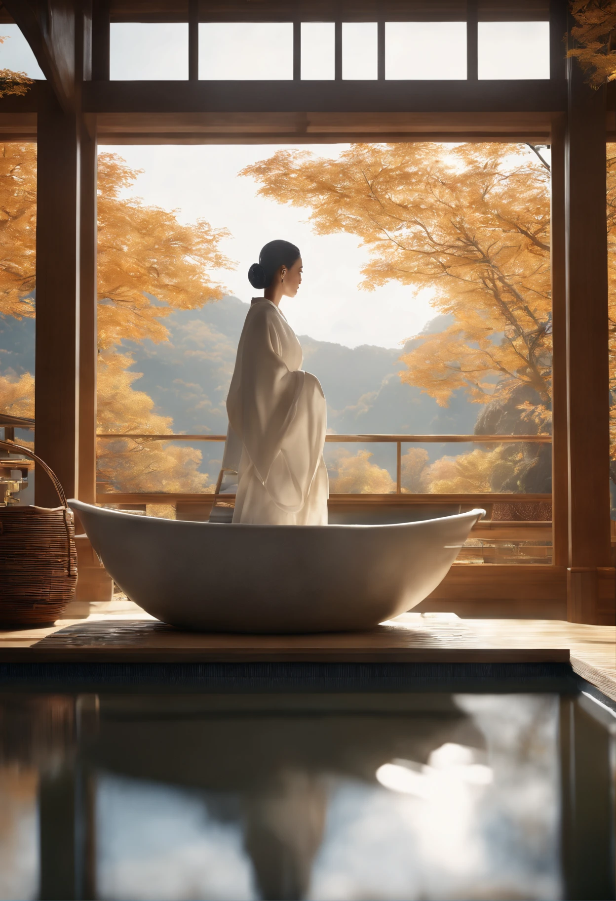 (A hyper-realistic), (hight resolution), (8K), (ighly detailed), (beatiful detailed eyes), (top-quality), (ultra-detailliert), (masterpiece), (Detailed face), (masutepiece、Photoreal Stick)(masterpiece:1.3)、A tourist destination with beautiful autumn leaves、A venerable luxury hot spring inn、Luxurious Japanese-style room with open-air bath、The ultra -The high-definition、Precise depiction、With an angle that looks like it was taken by a professional photographer、With proper lighting、
