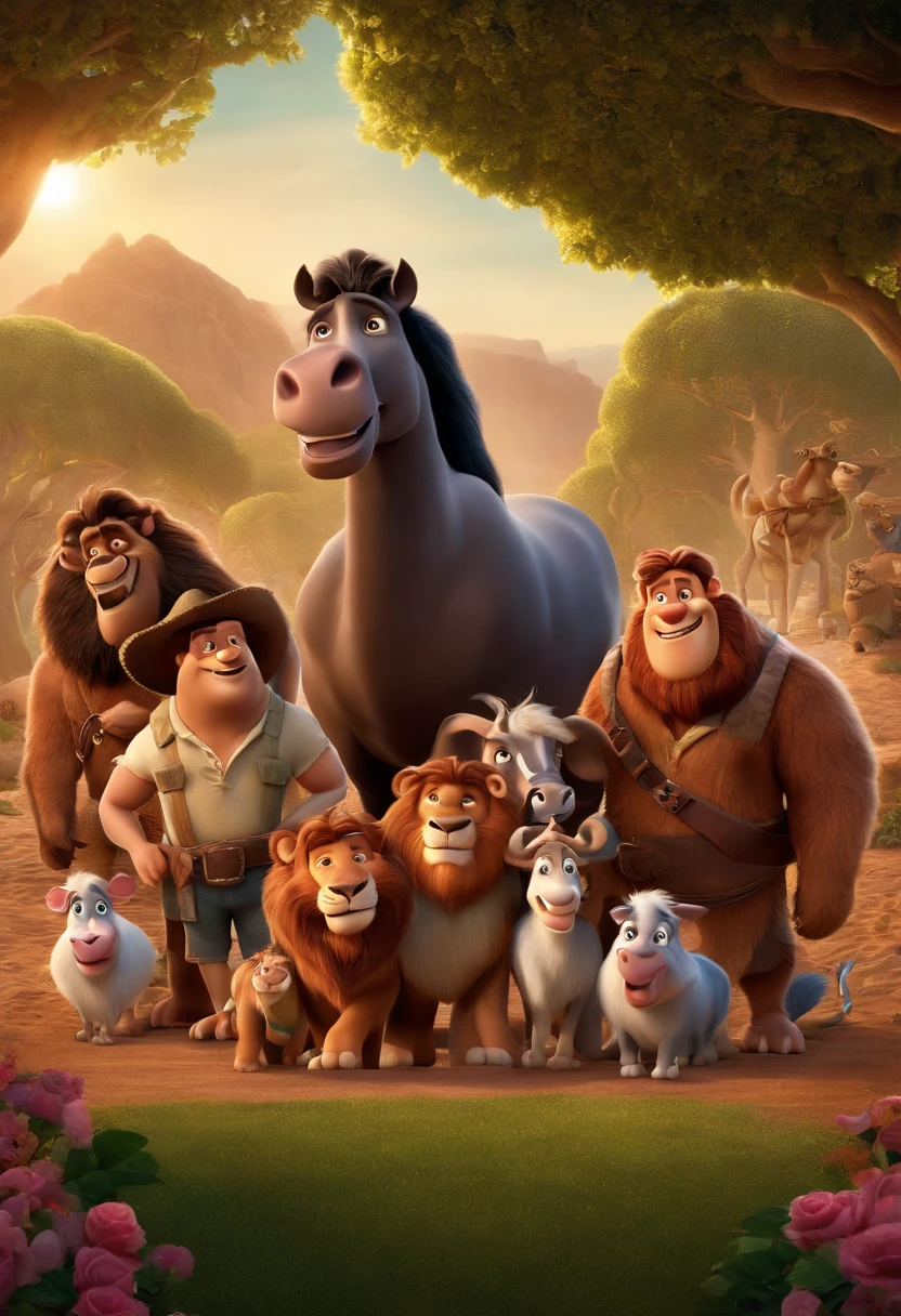 a Disney Pixar movie poster showing a white-skinned family. The father is the tallest, Tem barba curta, loiro, cabelos curtos e espinhosos. The mother has brown eyes and hair, shoulder-length and is slightly overweight. A menina tem 4 anos e cabelos castanhos, roupa rosa e rabos de cavalo. The background is a beach garden. 3D-rendering