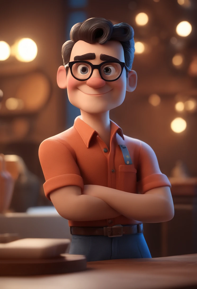 Cartoon character of a man with black glasses and a blue shirt, animation character, Caractere estilizado, animation style rendering, 3D estilizado, Arnold Maya render, 3 d render stylized, toon render keyshot, Personagem 3D, Personagem 3D, 3d rendering stylized, 3 d character render, personagem de desenho animado, Personagem de close up, Pose de personagem, (Estilo Pixar) (master part:1.2) (Bokeh) (best quality) (pele detalhada) (textura detalhada) (8k) (argila) (Cinematic lighting) (foco nítido
