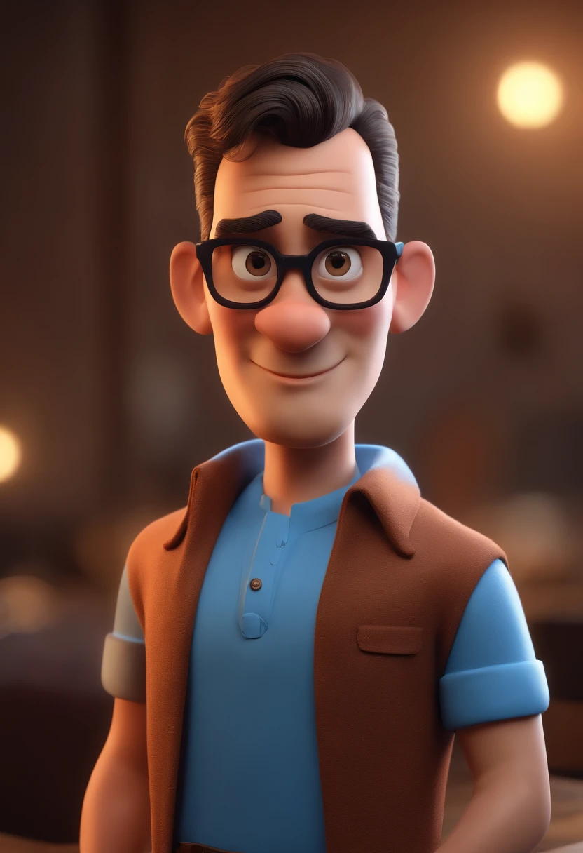 Cartoon character of a man with black glasses and a blue shirt, animation character, Caractere estilizado, animation style rendering, 3D estilizado, Arnold Maya render, 3 d render stylized, toon render keyshot, Personagem 3D, Personagem 3D, 3d rendering stylized, 3 d character render, personagem de desenho animado, Personagem de close up, Pose de personagem,  (Estilo Pixar) (master part:1.2) (Bokeh) (best quality) (pele detalhada) (textura detalhada) (8k) (argila) (Cinematic lighting) (foco nítido