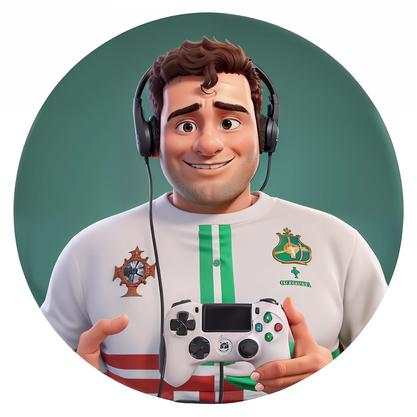 Obra-prima, de melhor qualidade, jovem com fone headset e joystick camis de Portugal branca