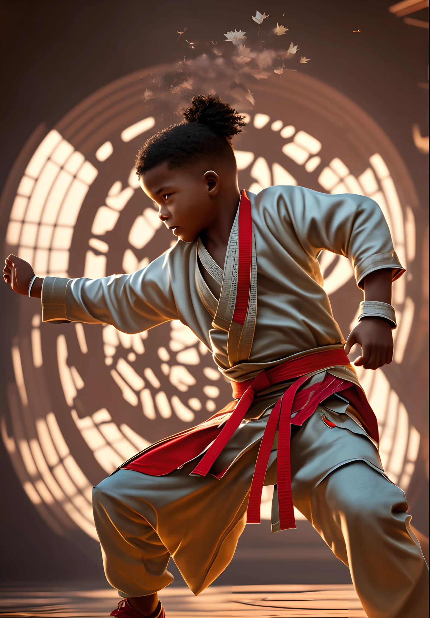 Wide angle shot of an African child in kung-fu fighting pose, tough serious face in African designed kung-fu clothes, holding leaves blown by the wind floating in circular rotation around the child, African designed dojo in the background, sunrise in the scene shining, with beautiful iridescent light, artgerm style, 32k, ultra HD, unreal engine rendered, hyper-realistic image, octane 3d rendering, cinematic lighting, trending on artstation --auto --s2