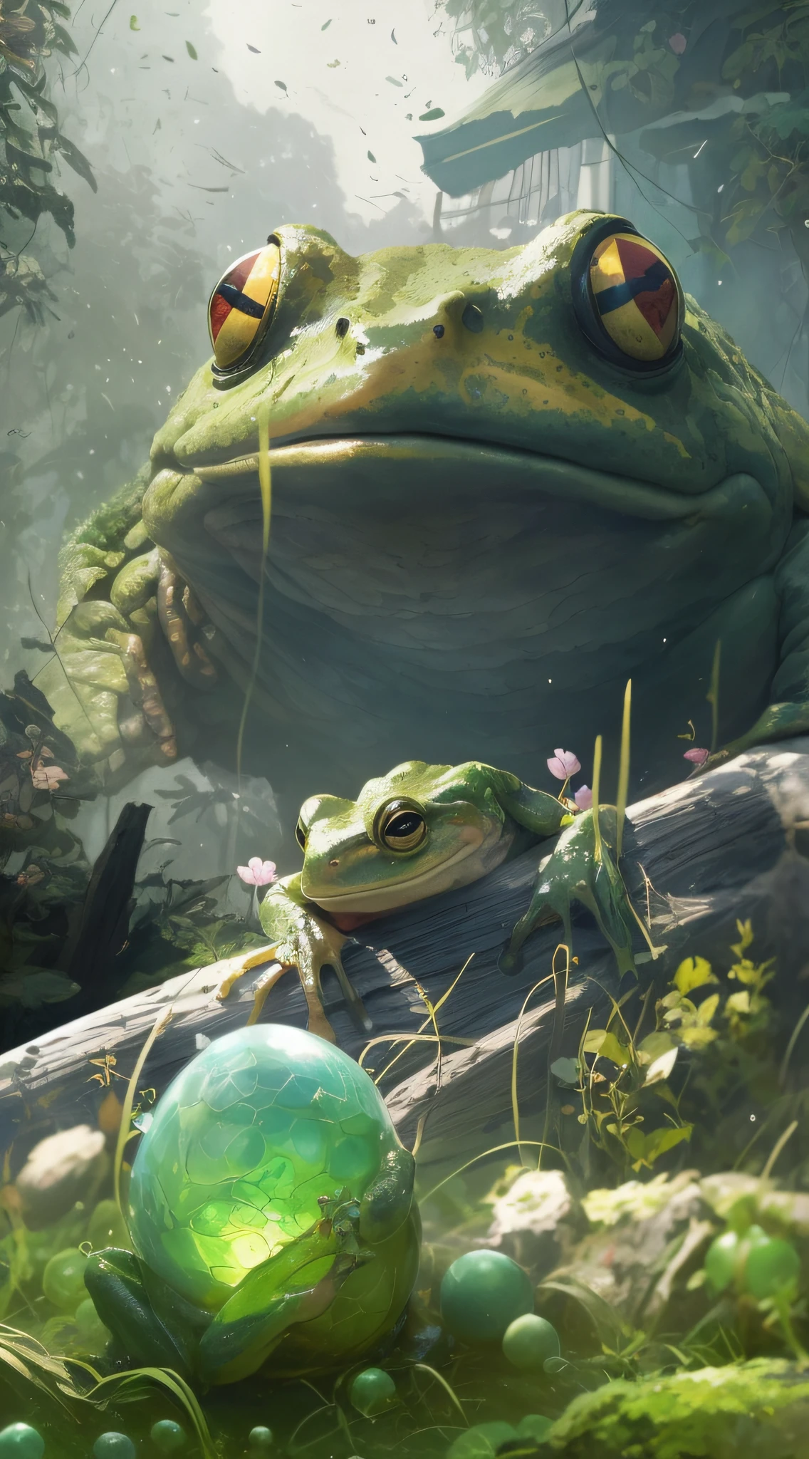 There is a frog sitting next to a green ball, highly realistic concept art, wlop and andrei riabovitchev, art by Wlop and Greg Rutkowski, Concept art wallpaper 4K, wlop and ross thran, frog perspective, Relaxing concept art, award winning concept art, WLOP and Greg Rutkowski, wlop and ross thran