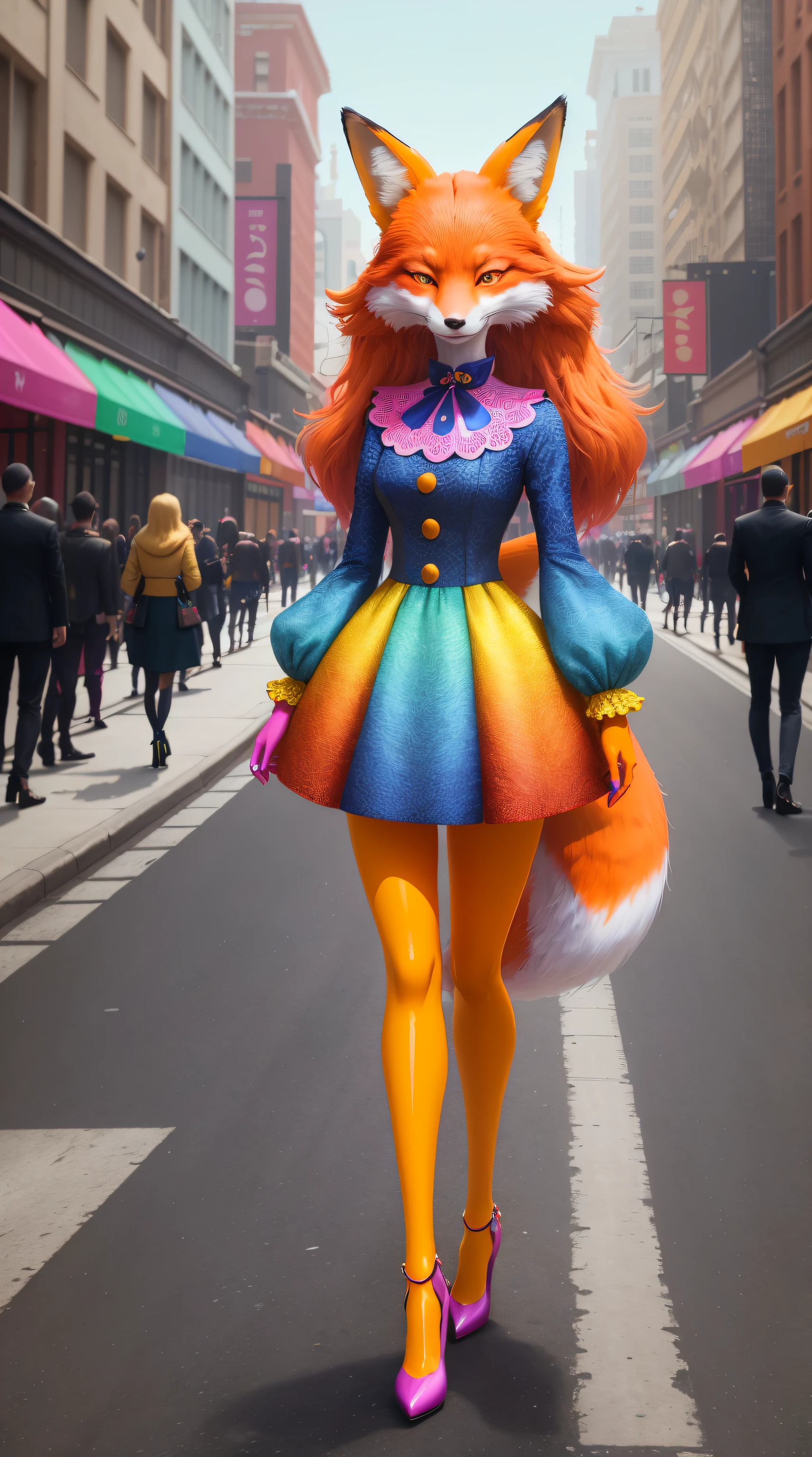 1 beautiful fox anthropomorphized, (Colorful fashion heels),Stand in the middle of an empty city, concept-art, trending on artstationh, Hyperrealistic, Vivid colors, rim-light, Extremely detailed Cg Unity 8K wallpaper, trending on artstationh, (Yayoi Kusama's pop art style), Intricate, High detail