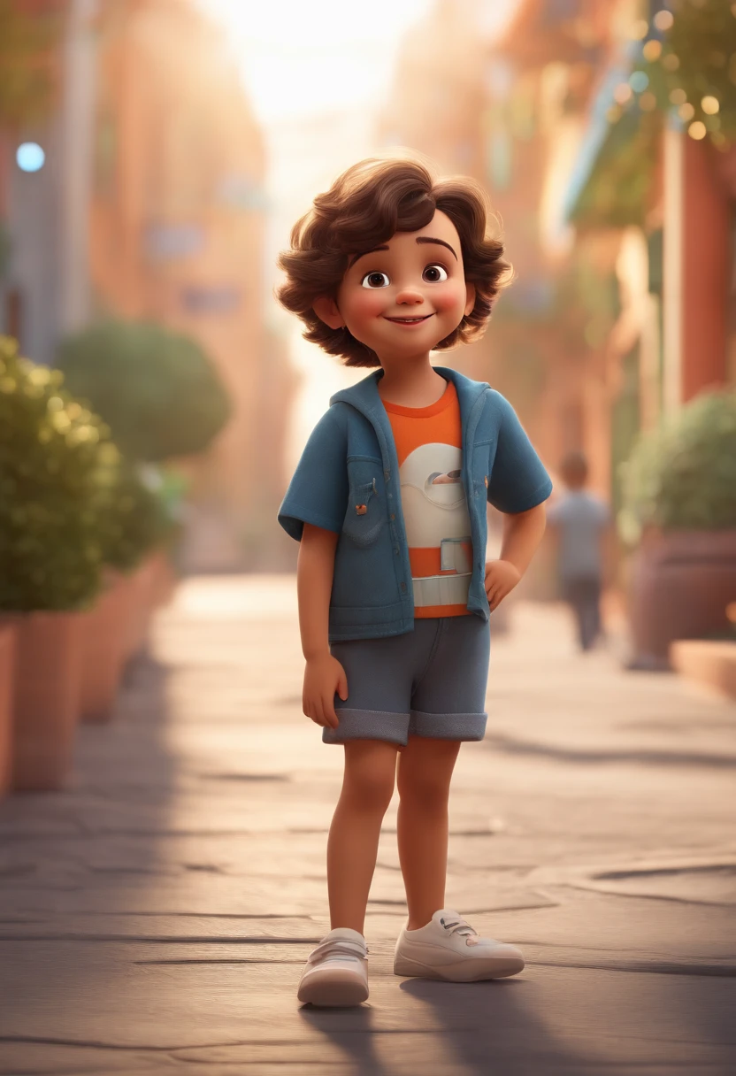 a happy cute kid standing short hair, vestindo uma fantasia espacial, , fundo branco, barnet, toon, estilo pixar, 3d, desenhos animados, rosto detalhado, asymmetrical 16k