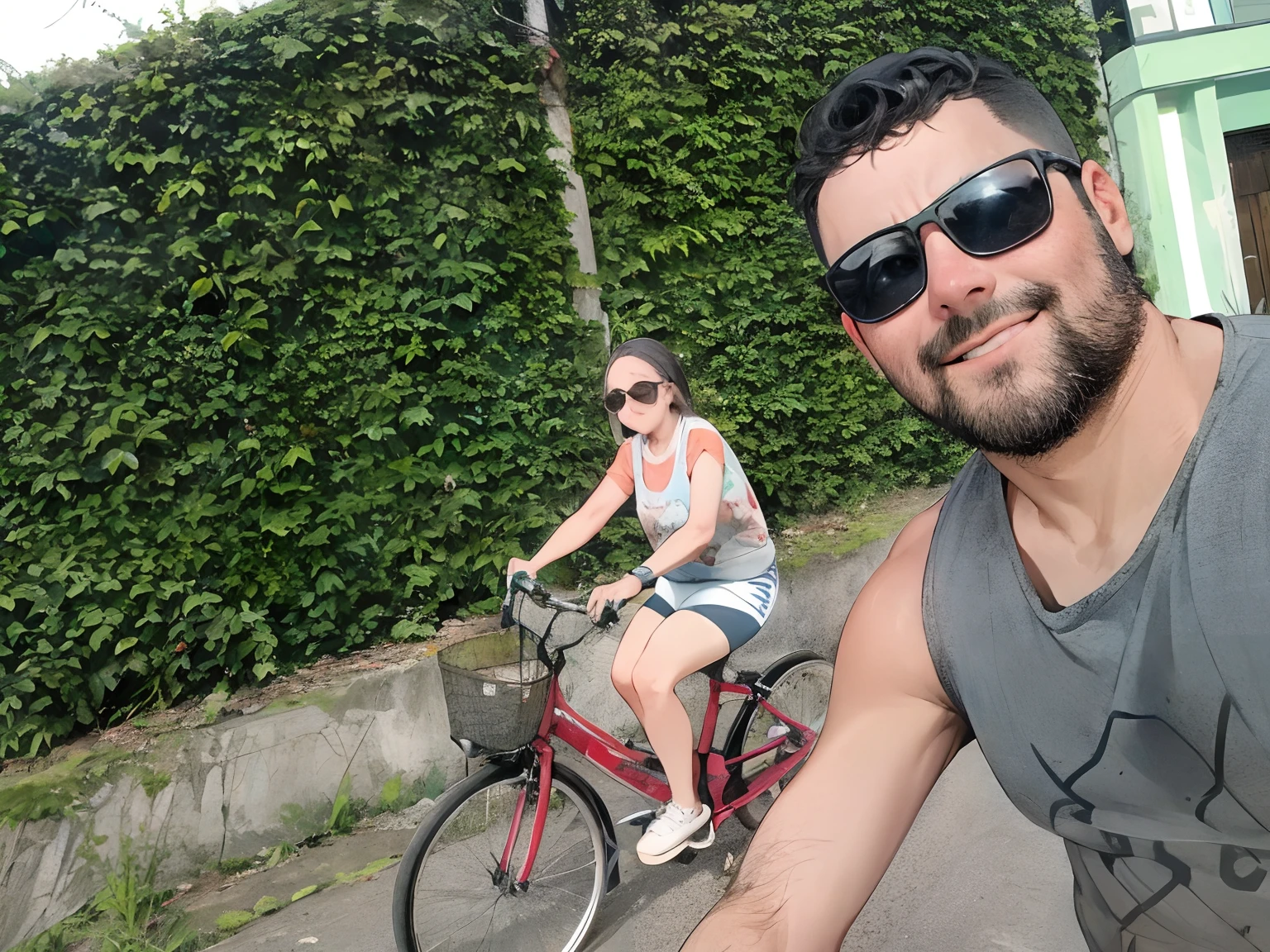 there are two people taking a selfie numa estrada, numa estrada, riding on a estrada, long distance photo, vacation photo, foto do snapchat, viagem, Estrada longa, rob rey and kentarõ miura, estrada aberta, rob rey and kentarõ miura style, viajando pelas montanhas, a estrada, colinas ao fundo