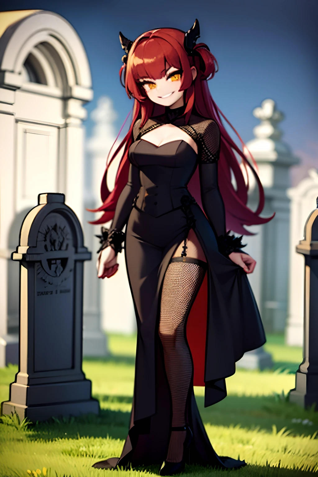 young girl, red hair, wearing a vitorian black gothic lolita, dress, smilingm, in a cemetery, cercated to mannequins, inexpressive face, bored face, great eyes, yellow eyes, night, dark, 4k, full body,