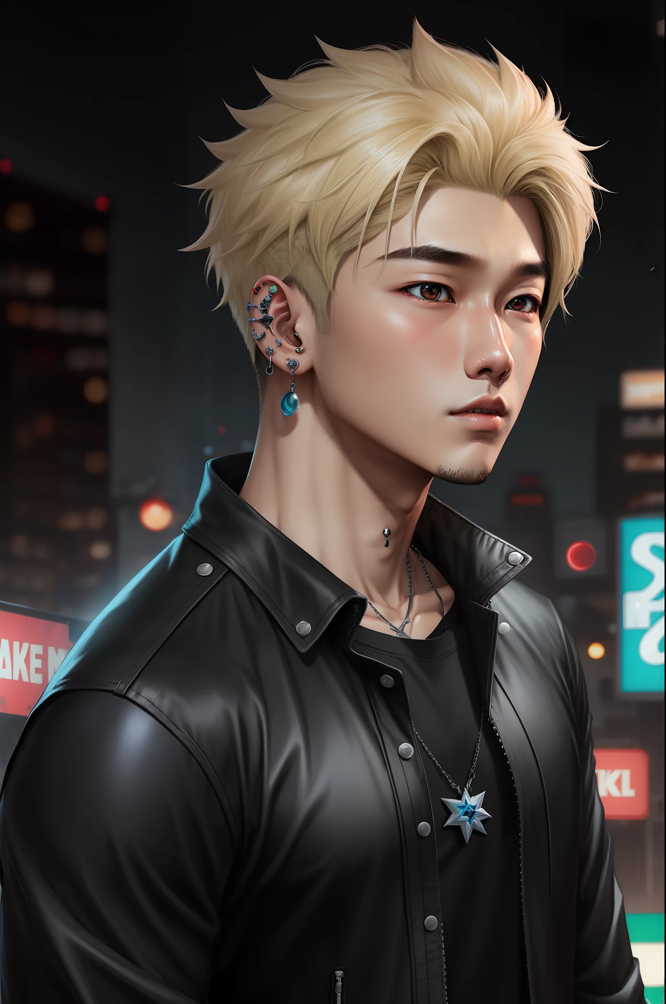 make me a Korean teenage boy, blonde and wolf cut style, black siren eyes, casual soft boy Korean clothes, ear piercings, make it in marvel art style