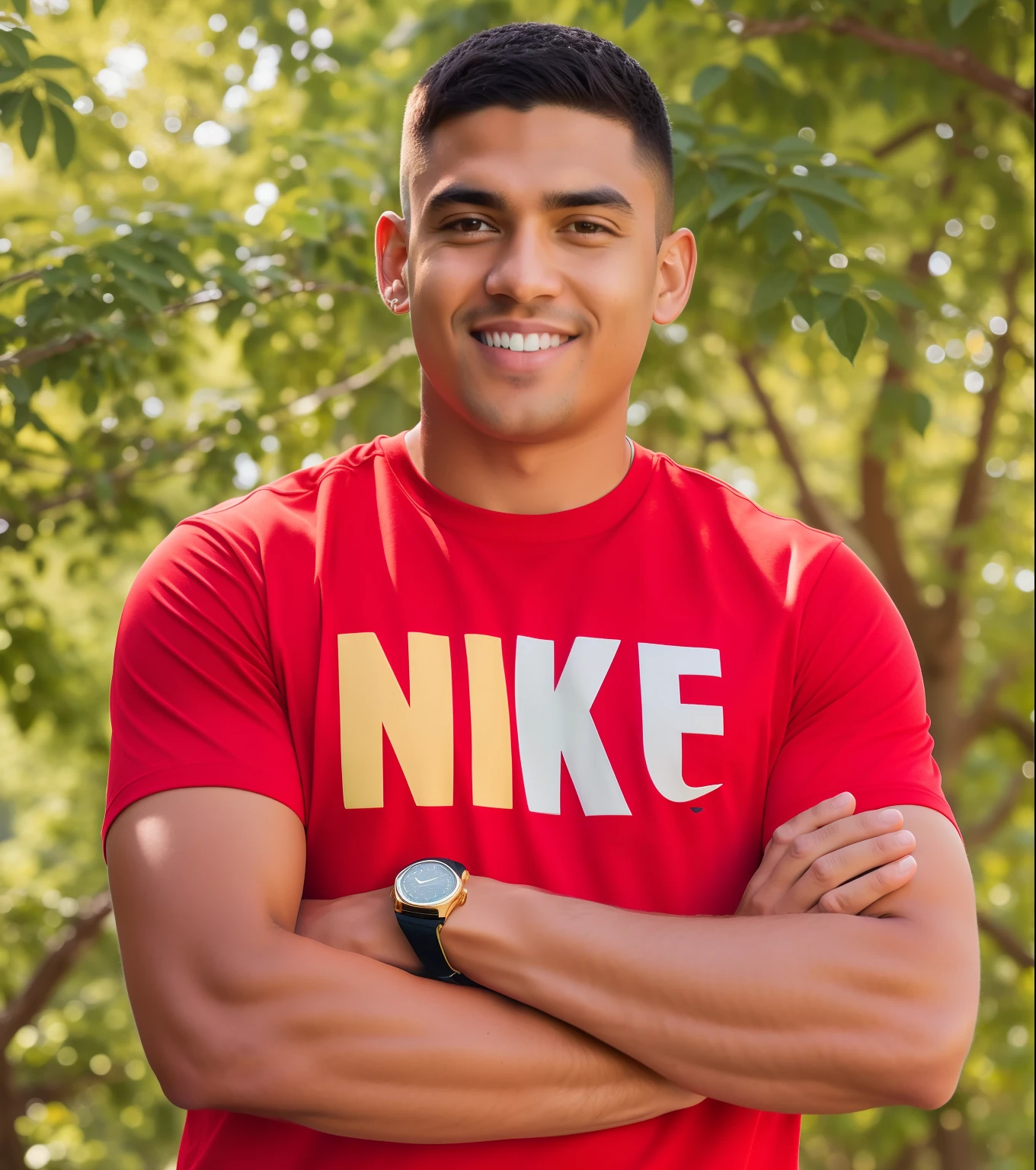 Man in red shirt with nike logo standing with arms crossed with watch on one arm