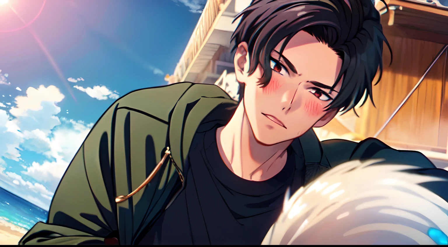masterpiece, (1Boy), luci, red eyes, black hair, look at viewer, blush, SHINKAI MAKOTO, Beach
