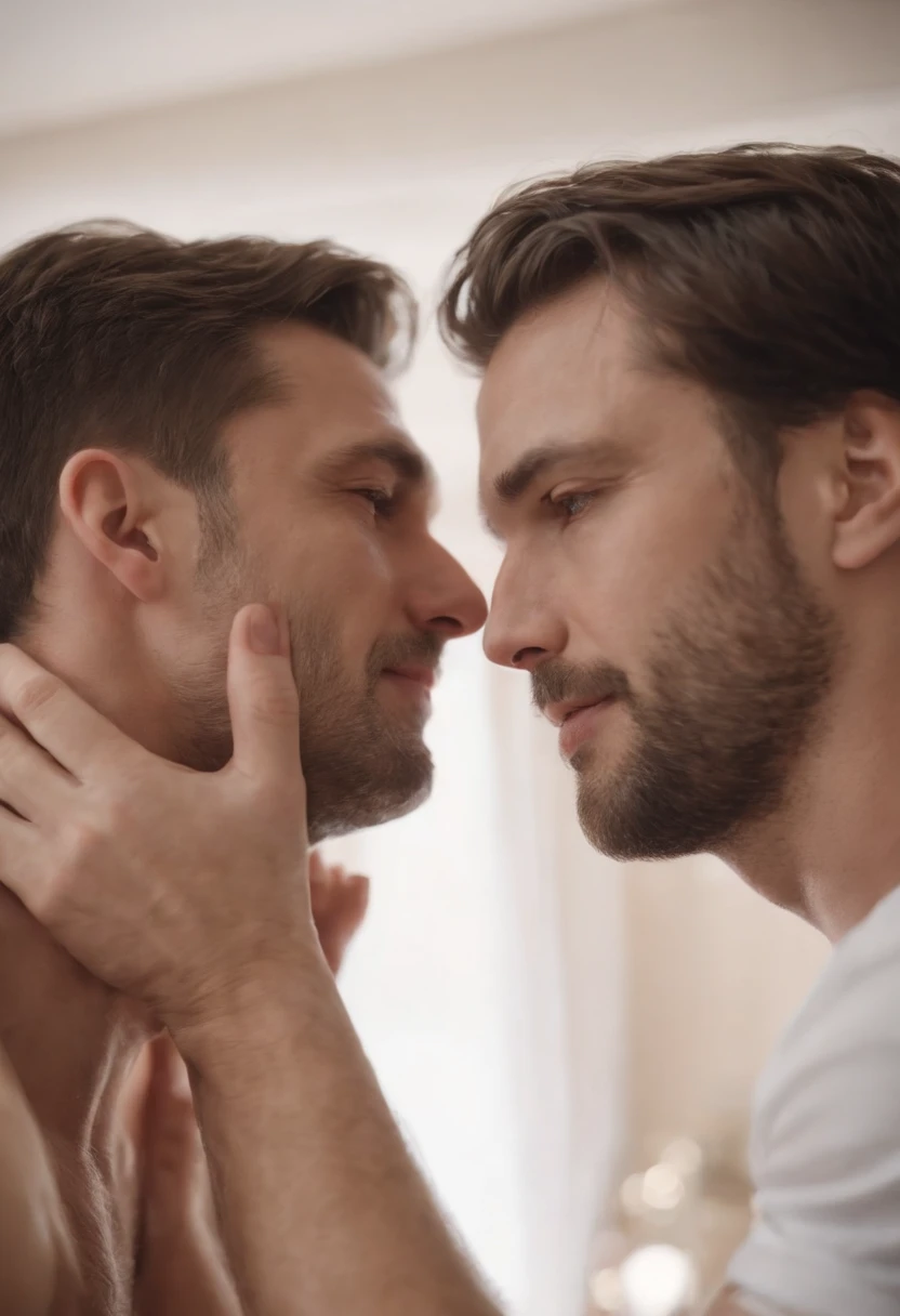 2 men,in the bedroom,Look at each other,1 man lying in the arms of the other