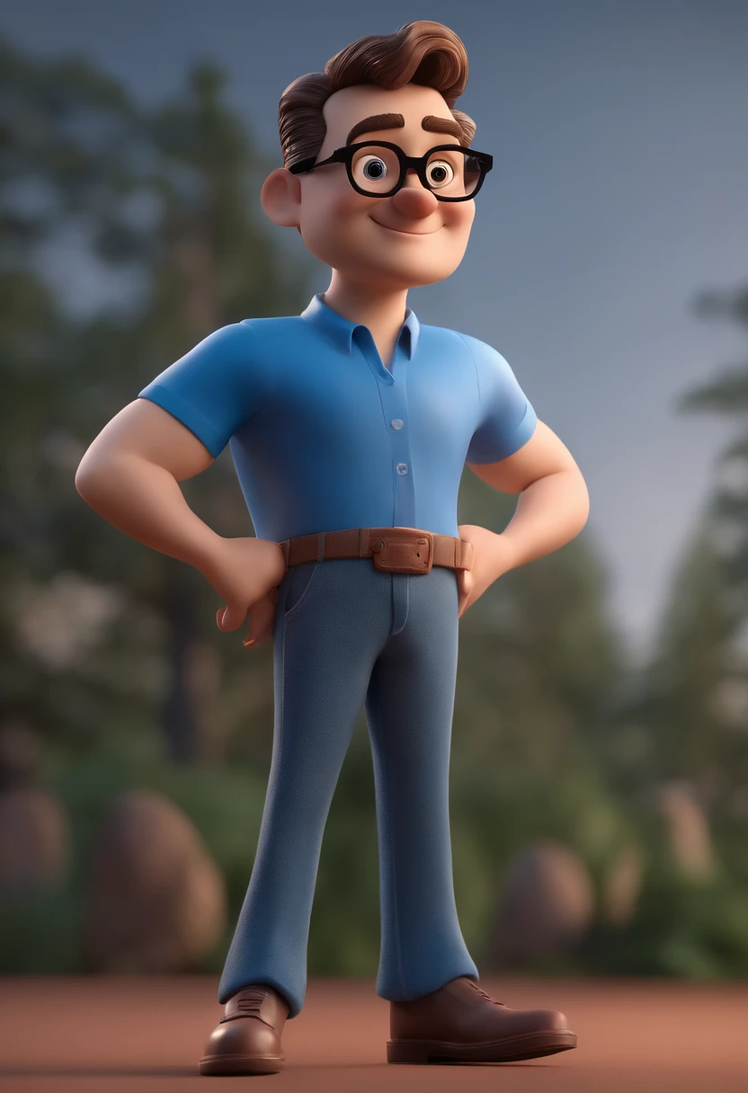 Cartoon character of a man with black glasses and a blue shirt, animation character, Caractere estilizado, animation style rendering, 3D estilizado, Arnold Maya render, 3 d render stylized, toon render keyshot, Personagem 3D, Personagem 3D, 3d rendering stylized, 3 d character render, personagem de desenho animado, Personagem de close up, Pose de personagem, (Estilo Pixar) (master part:1.2) (Bokeh) (best quality) (pele detalhada) (textura detalhada) (8k) (argila) (Cinematic lighting) (foco nítido