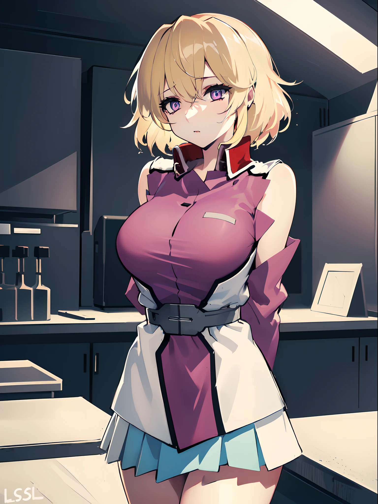 ((masterpiece)), ((best quality)), ((ultra detailed)), 8K, 16K, detailed beautiful face, detailed beautiful eyes, sl1, 1girl, short hair, messy hair, military uniform, skirt, sexy pose, large breasts, narrow waists, expressionless, arms behind back, laboratorium