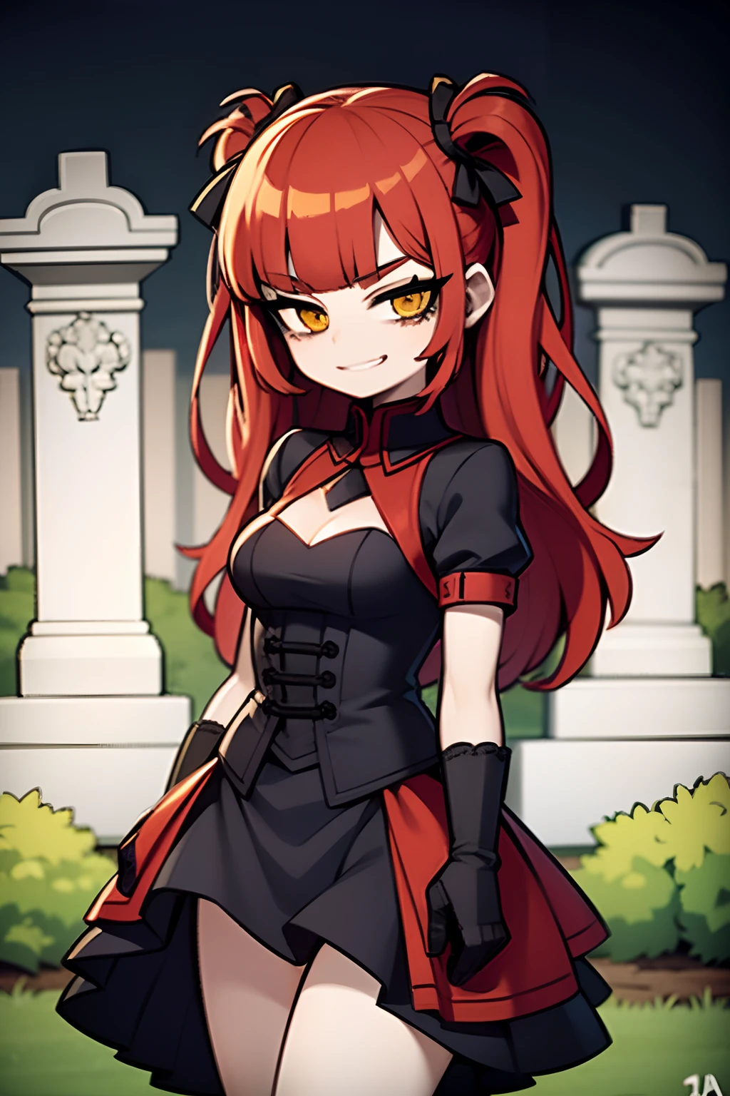 young girl, red hair, wearing a vitorian black gothic ta, dress, smilingm, in a cemetery, cercated to mannequins, inexpressive face, bored face, great eyes, yellow eyes, night, dark, 4k