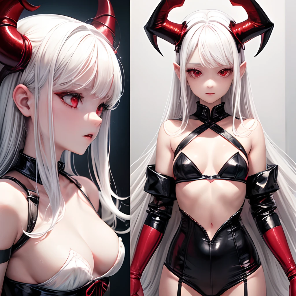 a demonic woman, ((white hair)), (red eyes), sensual body, leather and lace corset-4k, perfect face, (Small Horns), anime style, soft hentai, translucent clothes, perfection, breasts, medium, apparent nipple, comic book style, juvenile - s2