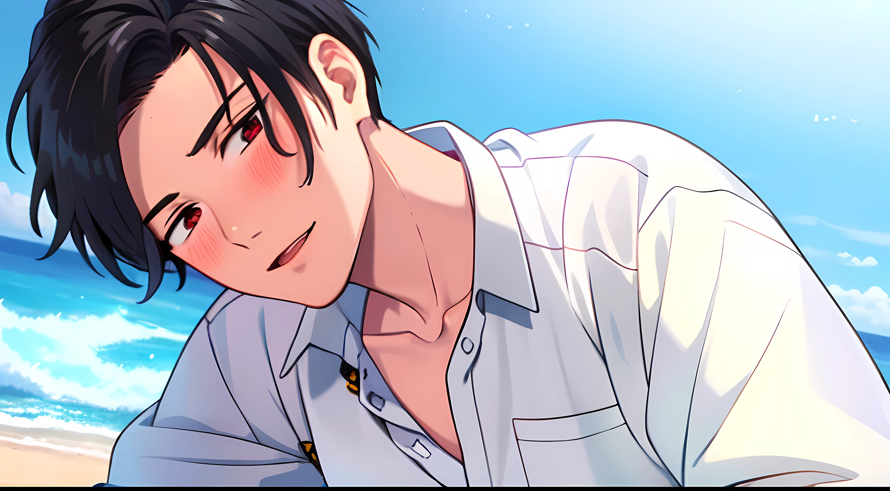 masterpiece, (1Boy), luci, red eyes, black hair, look at viewer, blush, SHINKAI MAKOTO, (Beach), (white shirt)