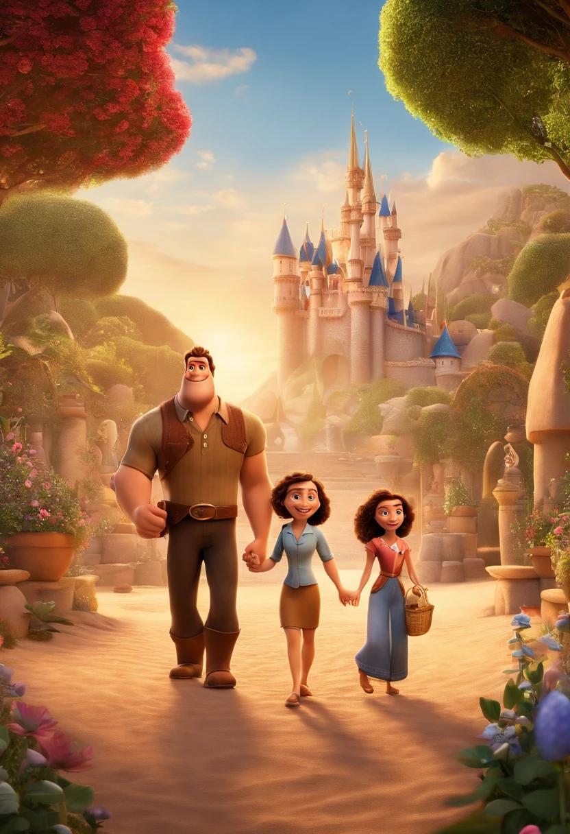 a Disney Pixar movie poster showing a white-skinned family. The father is the tallest, Tem barba curta, loiro, cabelos curtos e espinhosos. The mother has brown eyes and hair, shoulder-length and is slightly overweight. A tem 4 anos e cabelos castanhos, roupa rosa e rabos de cavalo. The background is a beach garden. 3D-rendering