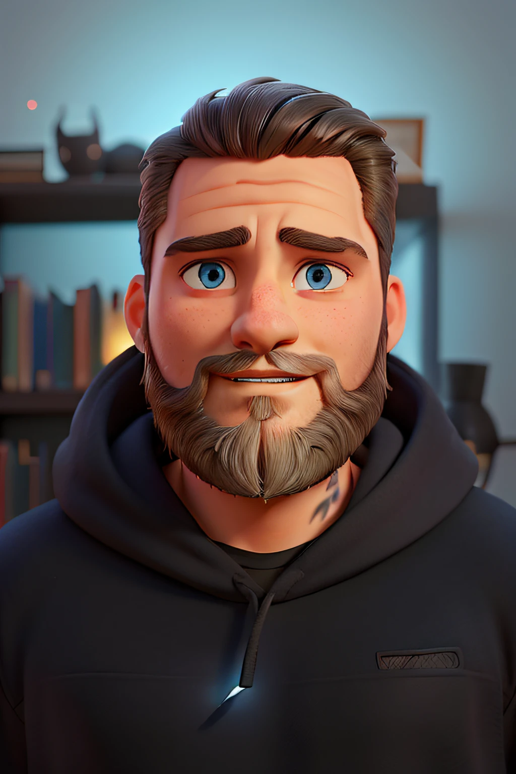 A man with beard standing in front, blue eyes, black hoodie, illuminated by the light of a lamp, against the backdrop of a library