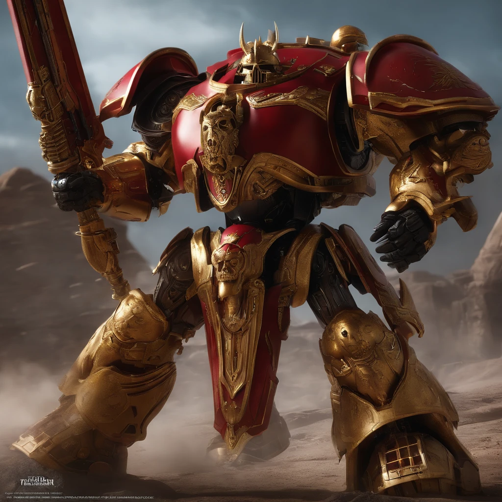 Titan de Warhammer 40k cores dourado e vermelho com armamento pesado